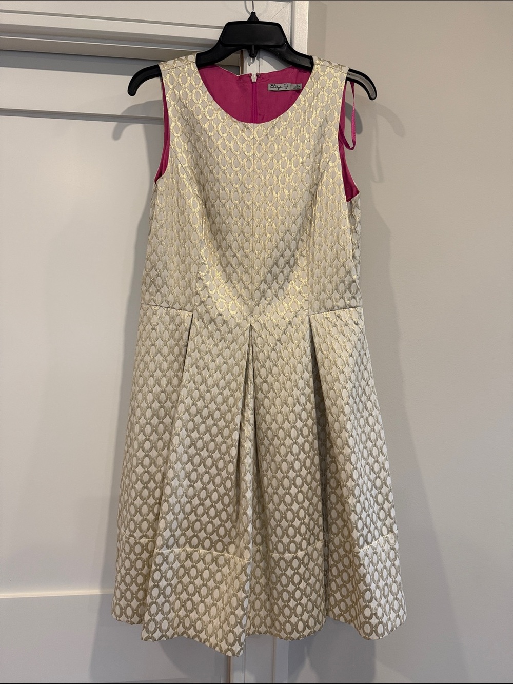 Sleeveless Cream Brocade Fit-and-Flare Dress with Pink Lining